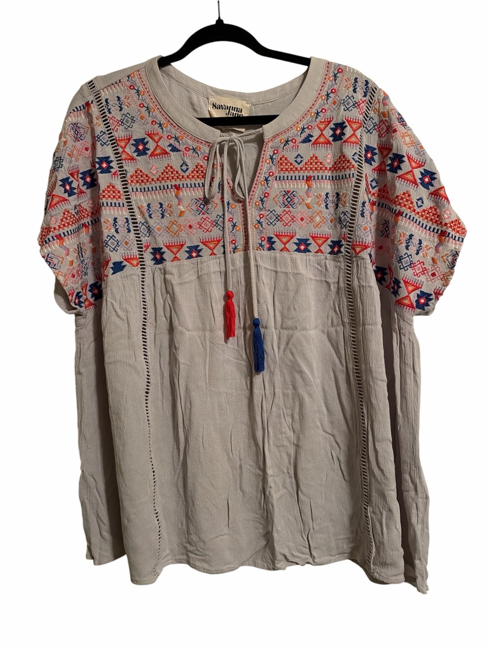 Savanna Jane Aztec Capped Babydoll Tan Tunic with Red & Blue Embroidery Sz 1X